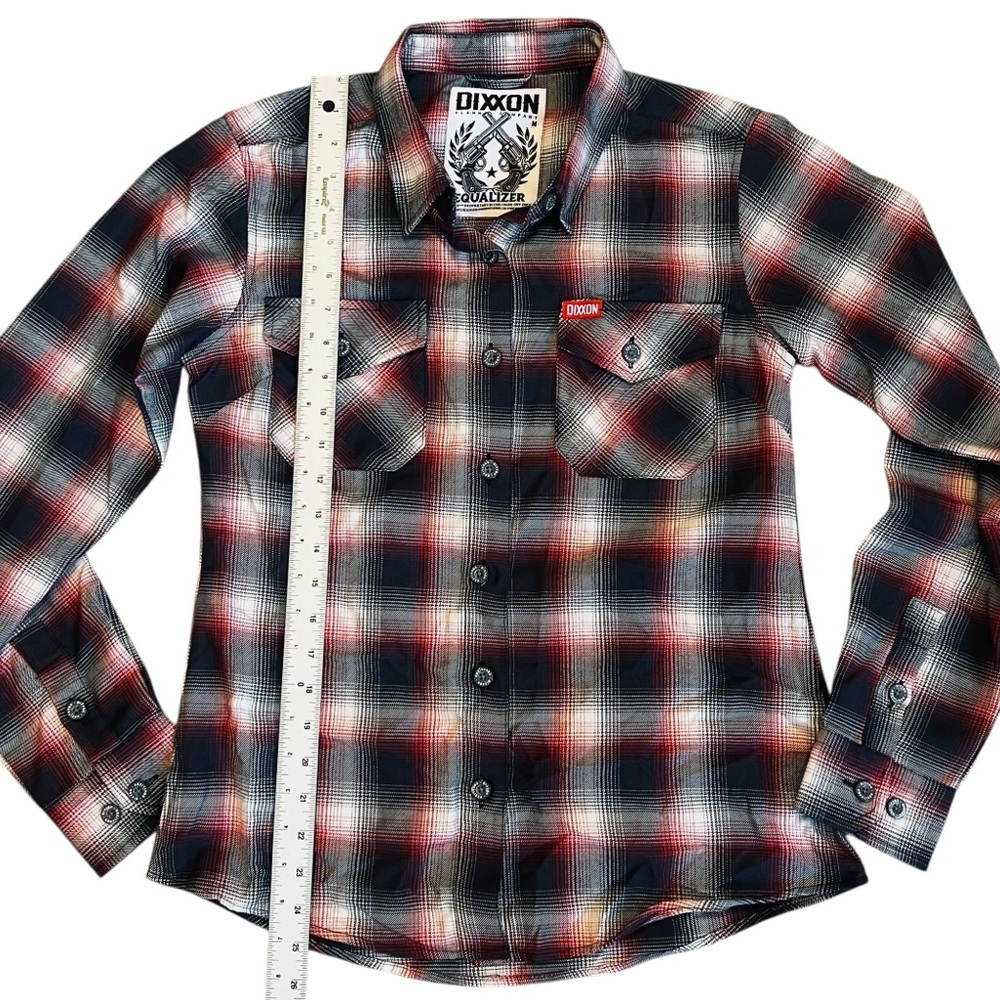Dixxon Women’s Sz M Red Black Plaid Flannel Button Front Shirt Equalizer Casual - Picture 12 of 14